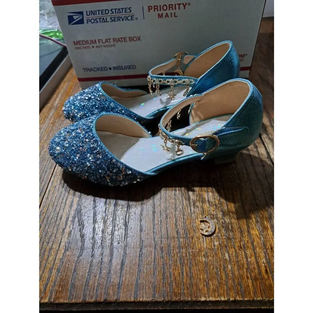 New Girl Sz 5 Furdeour Sequin Blue Glitter Bow Princess Flower Girl Dress Shoes